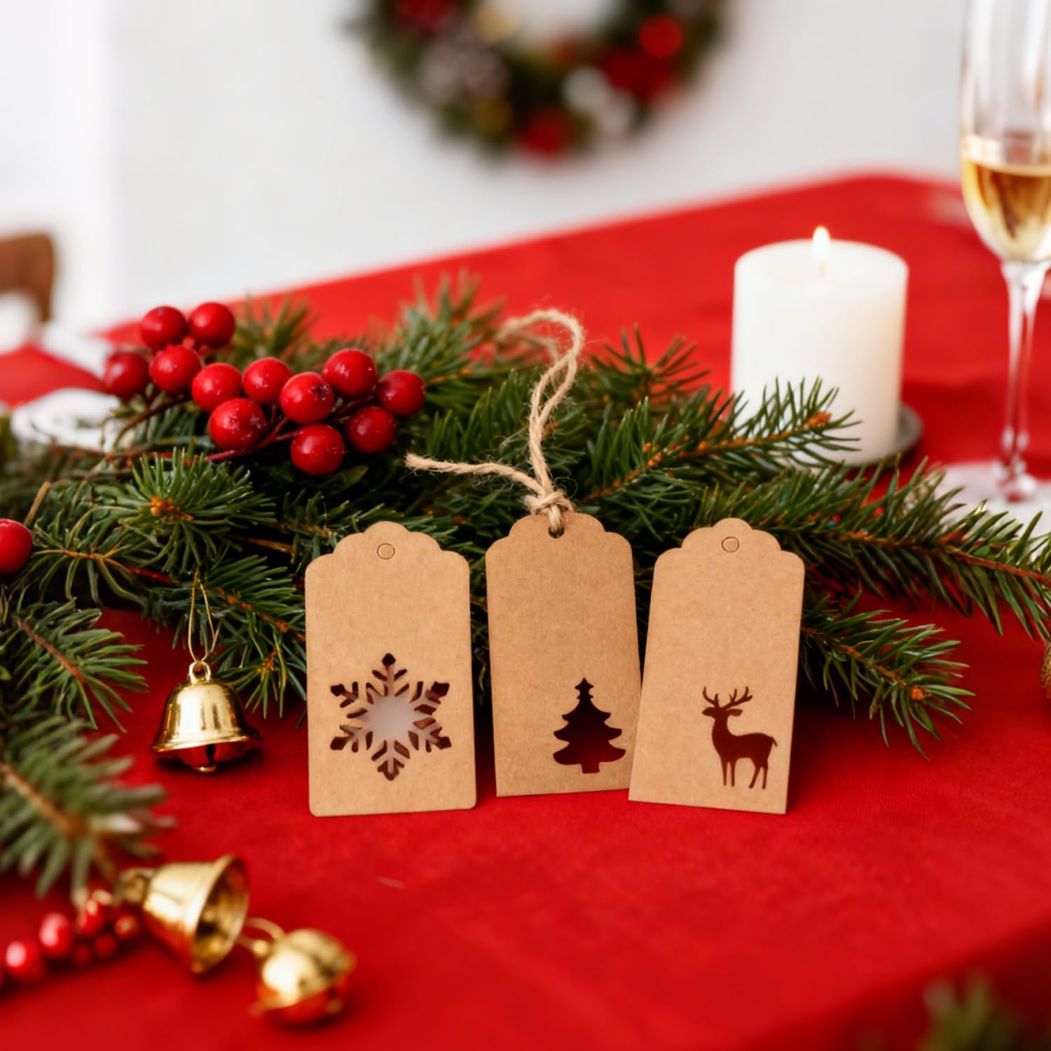 150 Pcs Christmas Paper Tags with String Attached Labels Christmas Tree Snowflake Reindeer Design Writable Hang Tag with 30 Meters Jute Twine for Christmas Holiday Present Wrap (Brown)